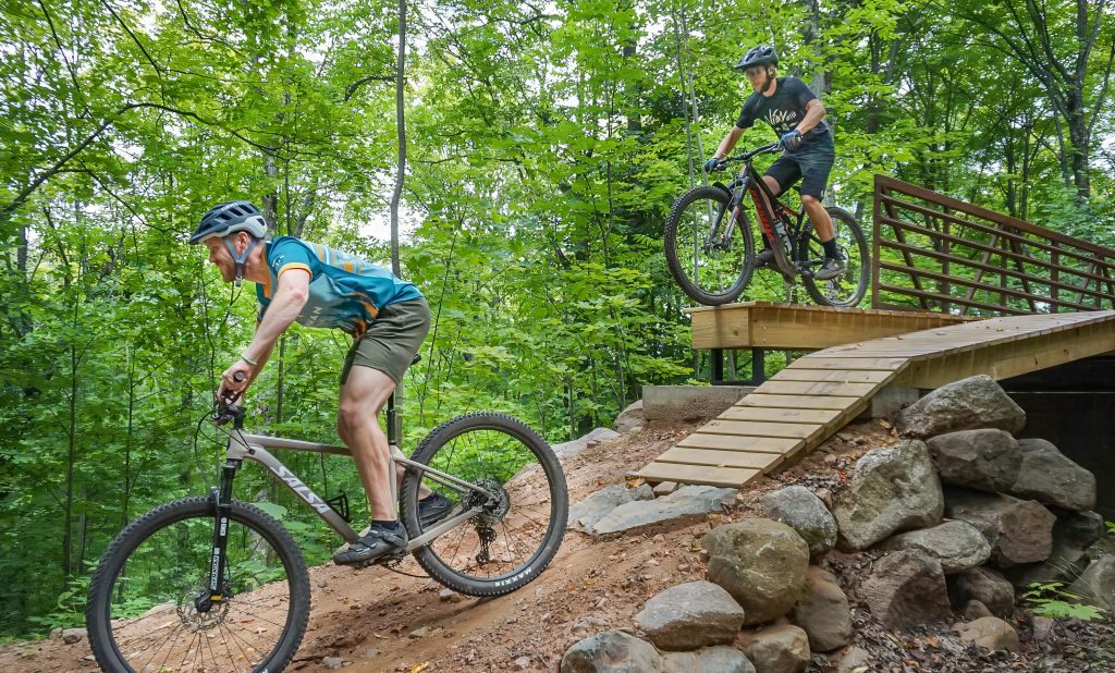 Mountain bikers riding together on Red Trail at WinMan