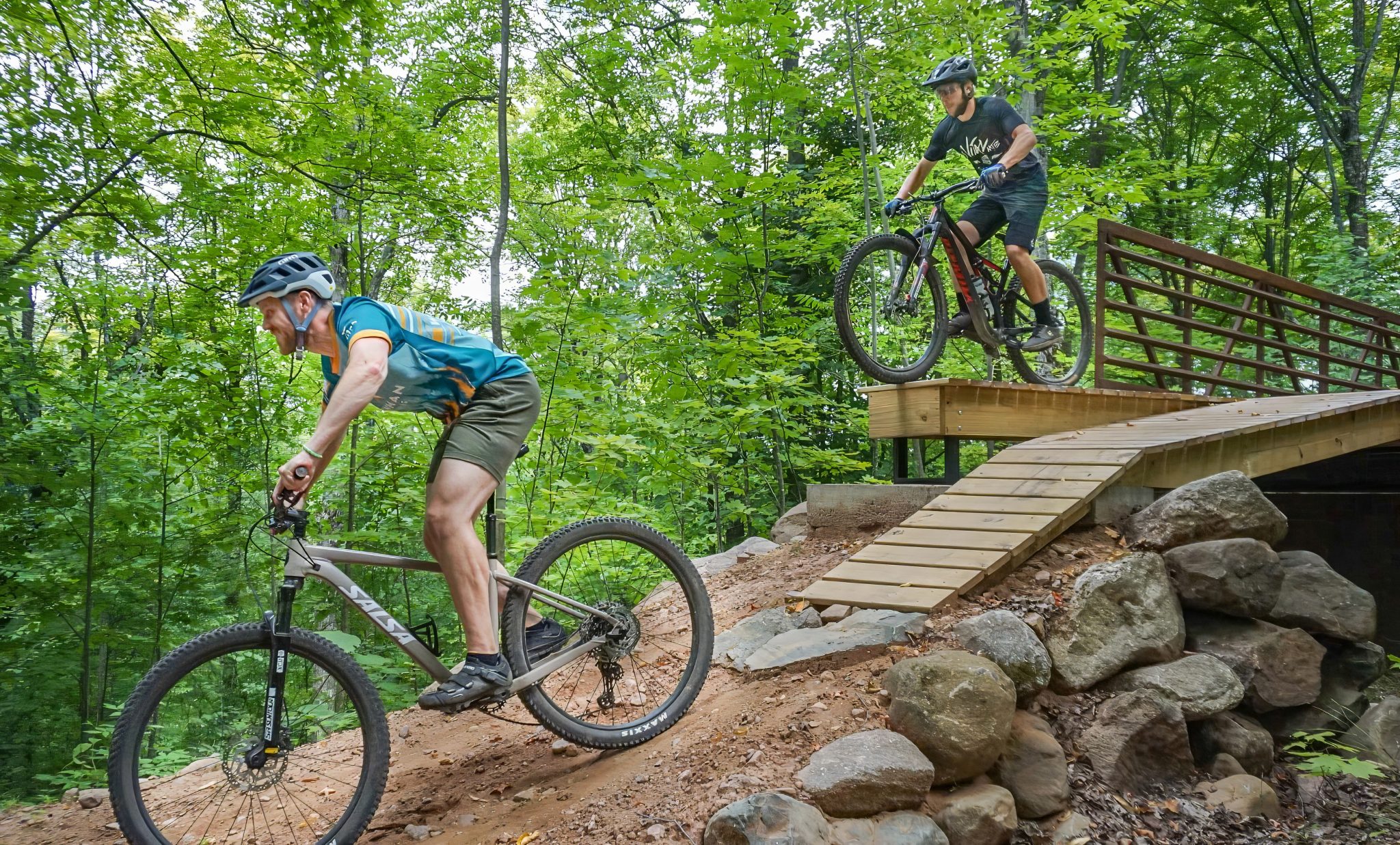 Mountain bikers riding together on Red Trail at WinMan