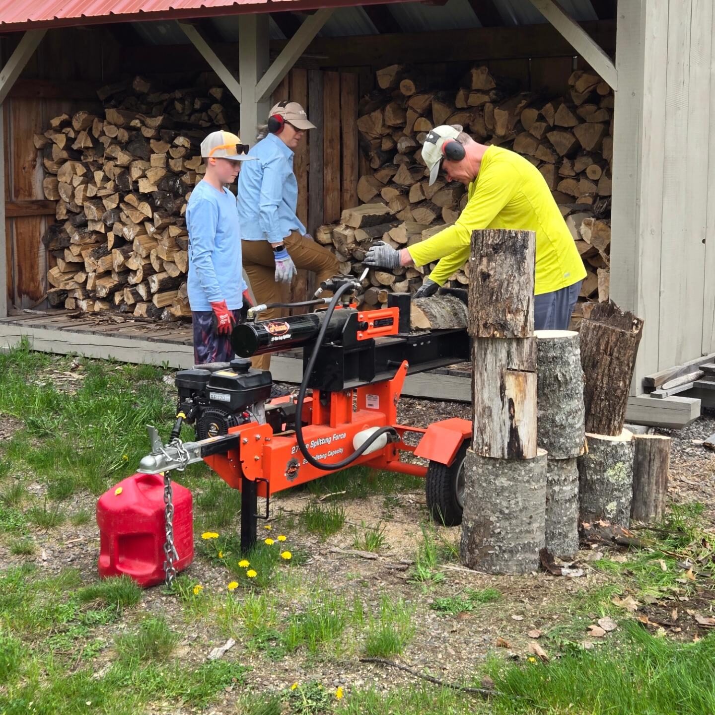 people volunteers log stacking