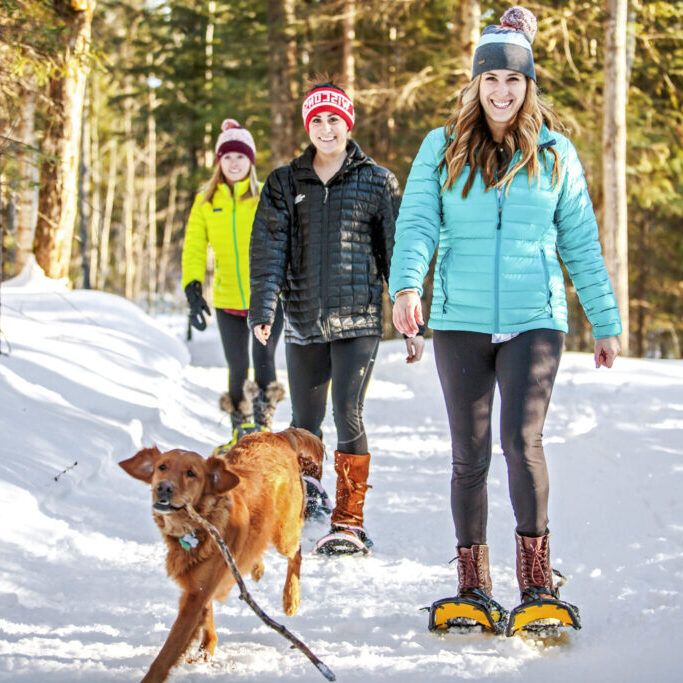 Group snowshoeing with their dog at WinMan in the Winter